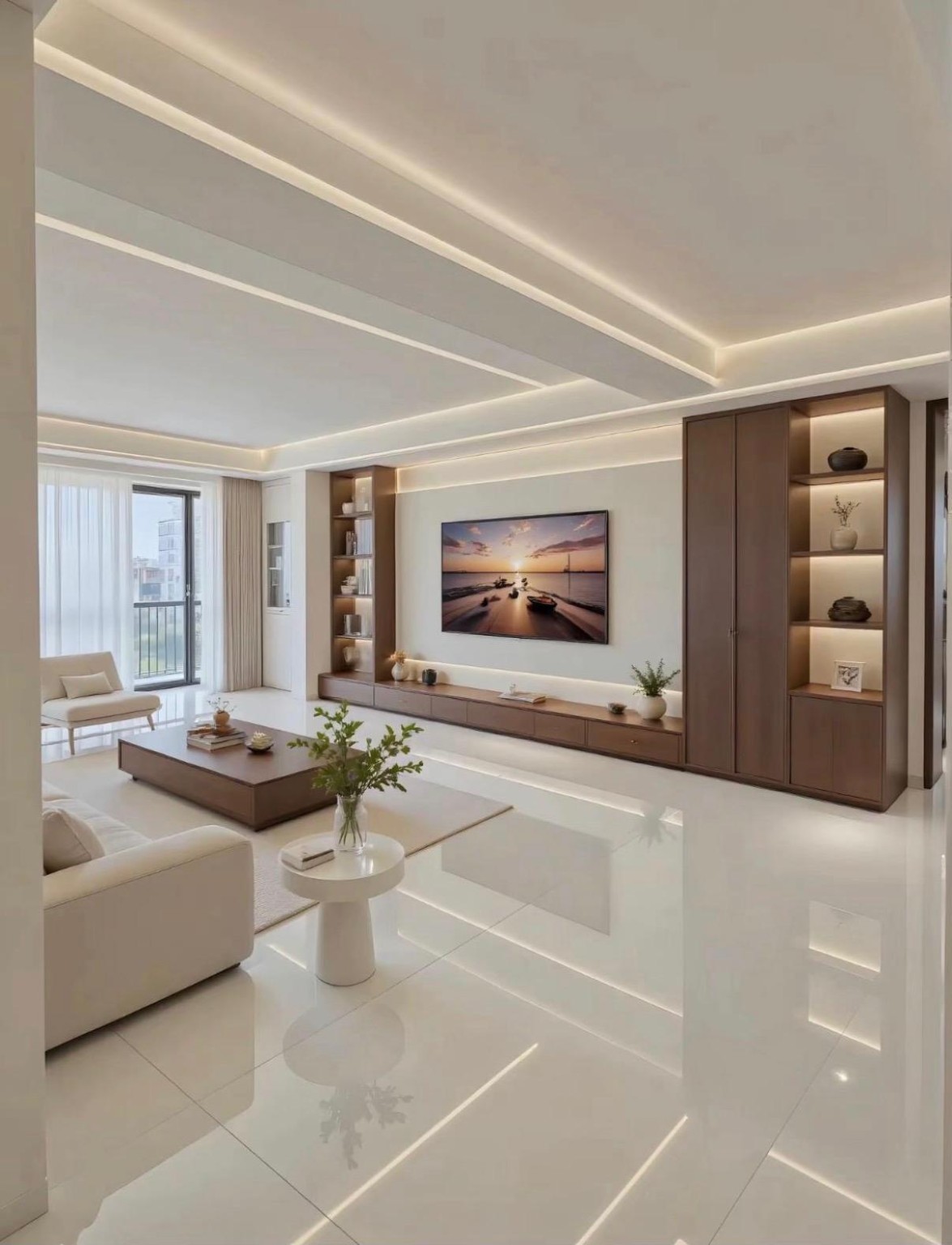 Warmes Wohnzimmer mit massgefertigtem Walnuss-Sideboard