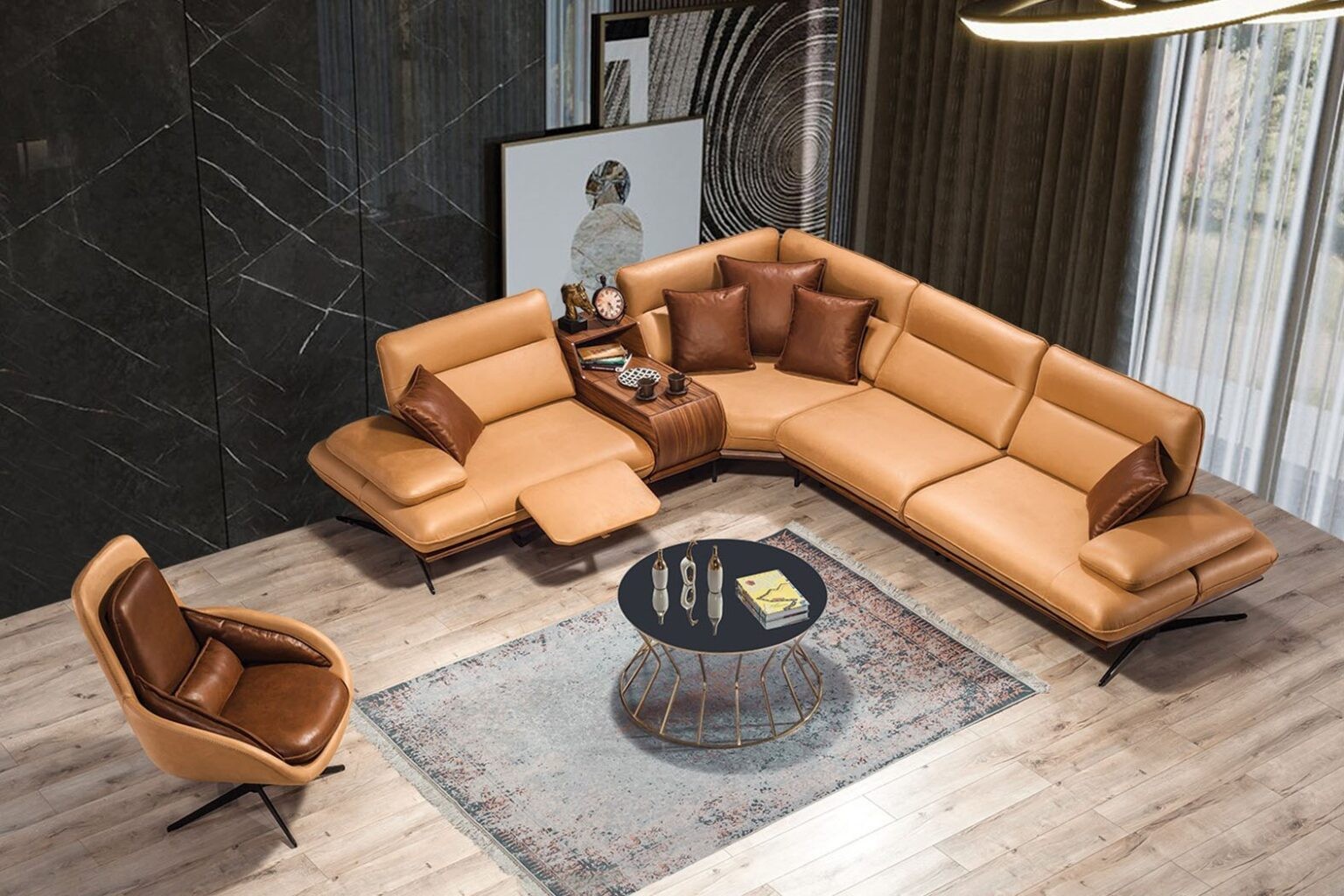 Premium Ledersofa in Cognac mit massgefertigter Wandverkleidung