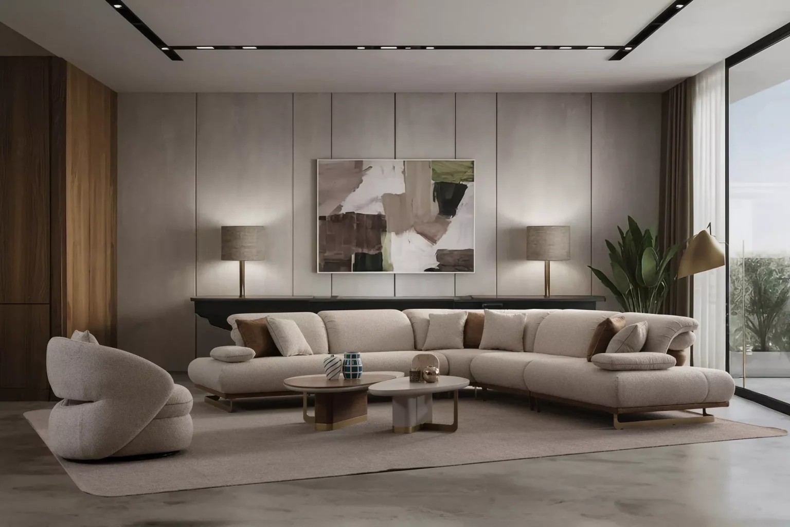 Modernes Wohnzimmer mit Bouclé-Sectional und Kunst